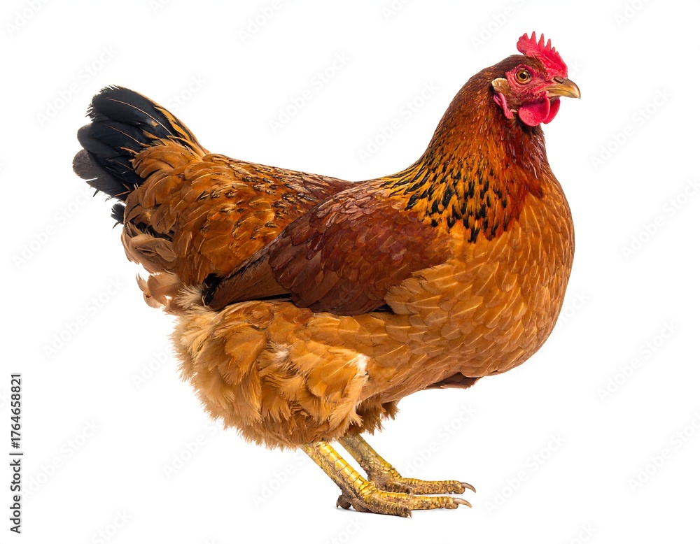 Fototapeta premium A brown hen stands isolated against a white background, showcasing its detailed plumage and features