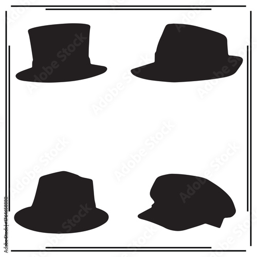 Set of Four Classic Hat Silhouettes - Fedora, Top Hat, Trilby, Newsboy Cap - Vintage Headwear Icons on White Background
