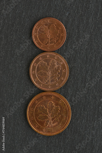 Close-up shot of German 1, 2, 5, cent coins with German symbol oak branch on dark background