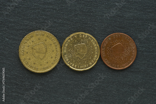 Close-up shot of Niederlanian 5, 20, 50 cent coins depicting Queen Biatrix of the Netherlands on a dark background