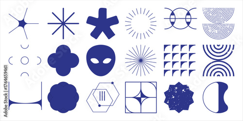 Collection of Abstract Geometric Shapes and Symbols in Blue and White