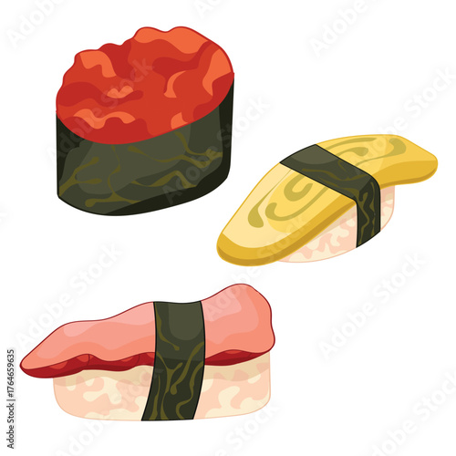 A delicious sushi food set tako sushi tamago sushi and ikura sushi