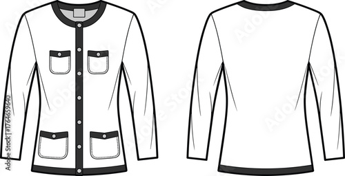 CAD drawing flat vector illustration of button front long sleeve women jacket with contrast trim and pockets, fashion technical template