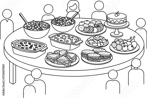 Illustration of a diverse group of people gathered around a table laden with various dishes for a celebratory meal