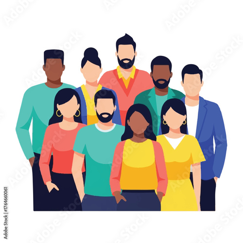 A diverse group of multicultural people standing together, a flat vector illustration representing community and teamwork