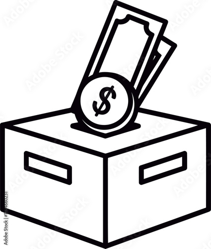 Simple line art icon of a donation box with money and coin falling in
