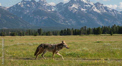 Fototapeta Naklejka Na Ścianę i Meble -  A coyote walks across a grassy field with majestic snow-capped mountains in the background