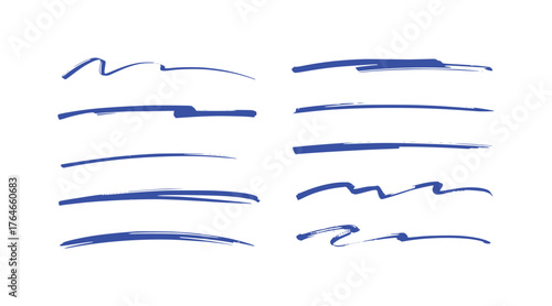 Collection of blue brush stroke underlines and accents on white background
