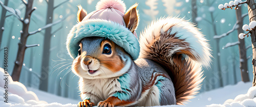 Cute squirrel wearing winter hat in snowy landscape. Small squirrel character in winter scene illustration. Adorable winter squirrel with hat in snow.