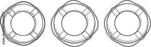Life preserver, lifebuoy, safety ring, maritime rescue gear, nautical equipment, black and white sketch, rope detail, ocean safety, vintage illustration