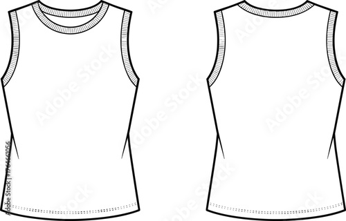 Sleeveless shirt technical sketch, front and back view, fashion flat illustration, round neckline, ribbed trim, fitted silhouette, garment template
