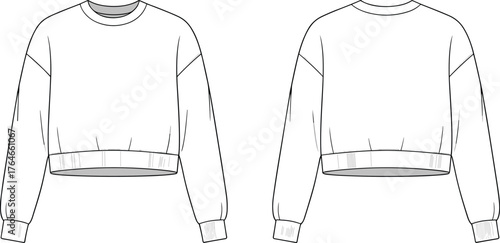 CAD drawing flat vector illustration of cropped sweatshirt front and back view, fashion flat sketch, clothing design template for apparel