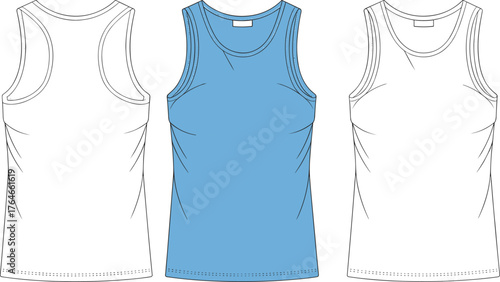 Men’s sleeveless tank top technical flat sketch, front and back view, casual activewear fashion template, cad drawing flat vector illustration