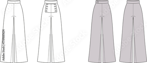 CAD drawing flat vector illustration of high waist wide leg pants with button detail, fashion flat sketch, clothing template