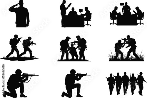 Military soldiers silhouettes in action, armed forces teamwork, combat training, tactical mission, army patrol, warfare concept, defense illustration, black vector design