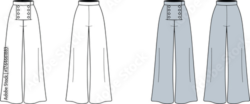 CAD drawing flat vector illustration of wide leg pants with button front detail, fashion flat sketch, clothing design template