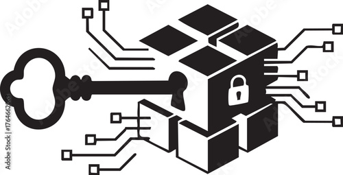 Digital Key Access Silhouettes Secure Blockchain Authentication Lock Technology