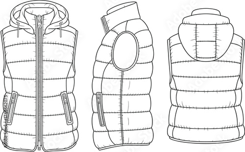 Puffer vest front side and back view, winter sleeveless jacket design, quilted fashion apparel template, zipper pockets outline, clothing technical drawing, flat vector illustration, d