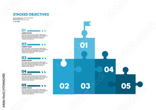Stacked objectives infographic template, five steps puzzle pieces