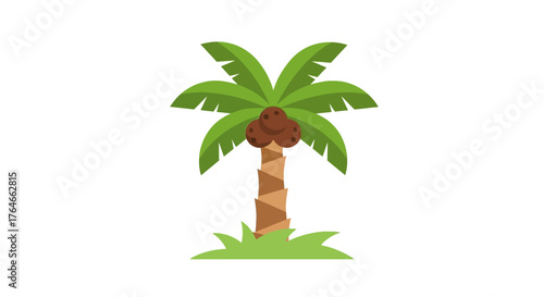 A cartoon palm tree with coconuts leaves grass and a segmented trunk