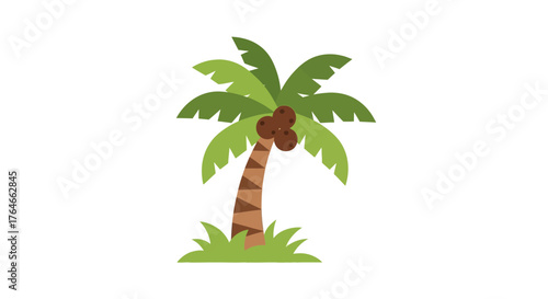 A cartoonstyle coconut palm tree with green leaves and brown coconuts