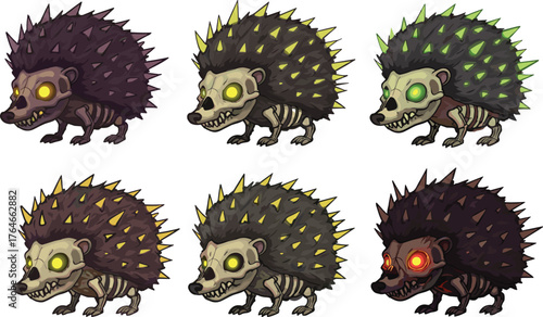 Set of creepy zombie hedgehog characters with glowing eyes, cartoon undead animals with colorful spikes, fantasy monster vector illustration for games and design.