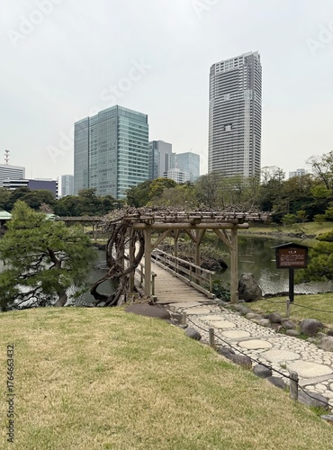 View of a city park with skyscrapers in the background in Tokyo, Japan