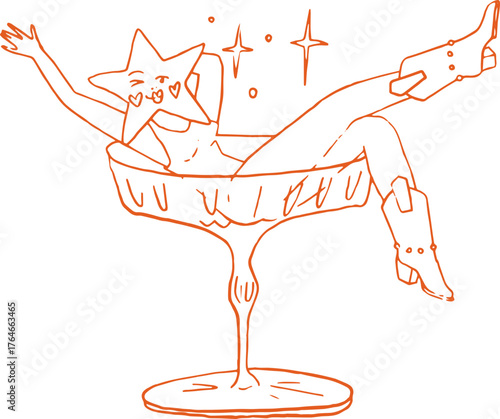 Whimsical line art illustration of star girl in cocktail glass. Doodle fun vector graphic