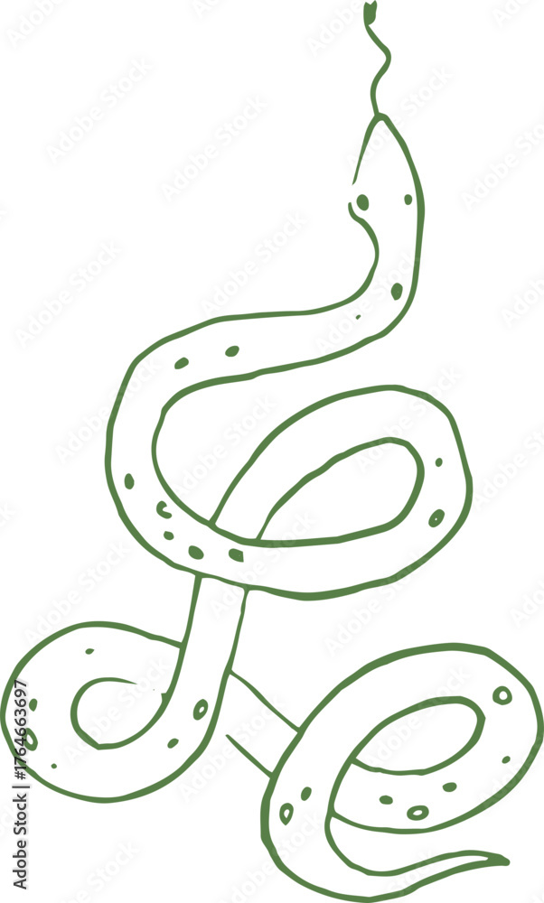 Fototapeta premium Whimsical line art illustration of green snake. Doodle fun vector graphic