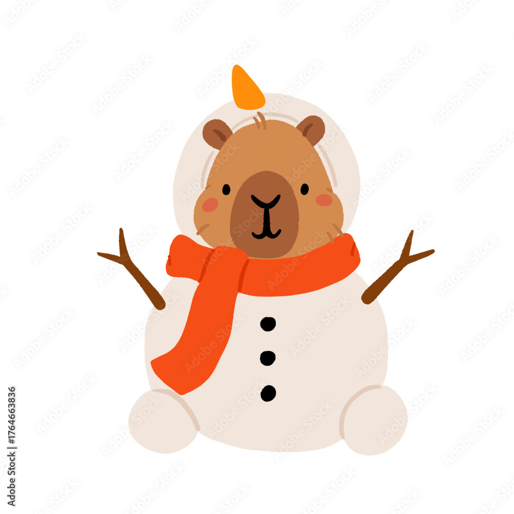 Naklejka premium Collection of winter cute capybaras with New Years wreath, gift, bathing in hot water and in Christmas bow and hat. Vector illustration. Isolated kawaii animal character