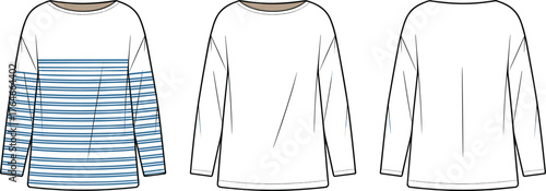 Women's long sleeve top, fashion flat sketch, striped blouse design, technical drawing, casual wear template, apparel CAD vector