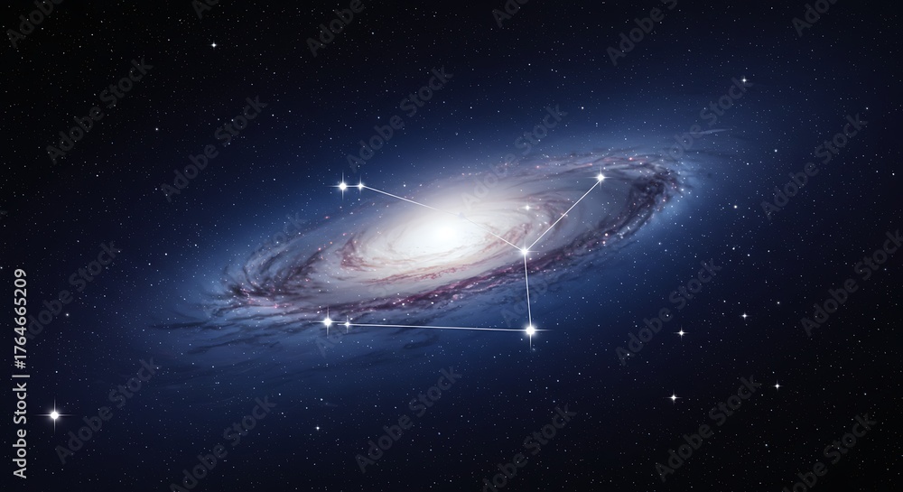 Obraz premium A cosmic spiral galaxy with bright stars and connecting lines against a deep space background