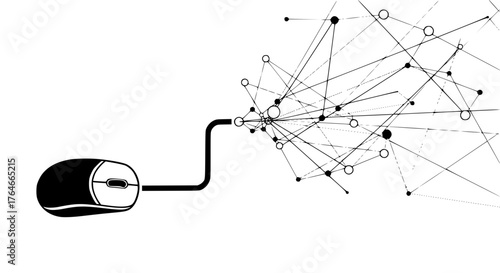 Monochrome vector of a computer mouse connected to abstract network lines, symbolizing digital connection