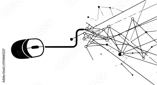 Monochrome vector of a computer mouse connected to abstract network lines, symbolizing digital connection