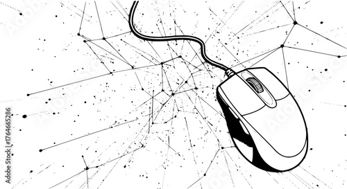 Monochrome vector of a computer mouse connected to abstract network lines, symbolizing digital connection