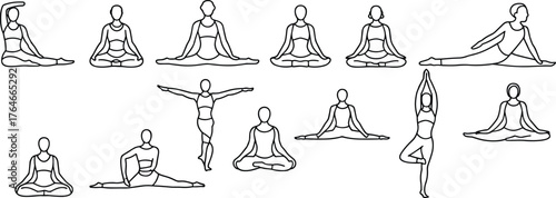 Yoga poses illustration collection, standing seated balance postures, meditation stretching exercise drawings, wellness lifestyle design, fitness training artwork set