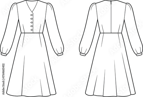 Dress technical fashion sketch, front and back view, V-neckline, puff sleeves, button placket, flared skirt, zipper back, garment illustration