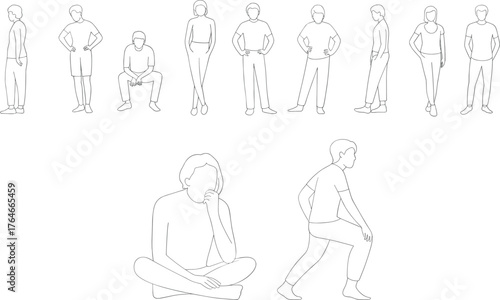 Human posture illustration collection, standing sitting leaning poses, anatomy body language drawings, gesture reference sketch, lifestyle design artwork set