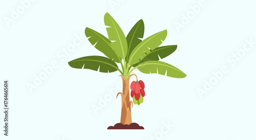 Cartoon banana tree with green leaves and hanging fruit on a light blue background