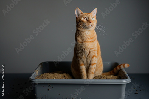 Close-up of ginger cat sitting in an gray litter box