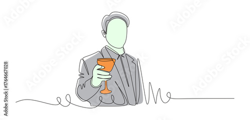 Continuous line art of a young male entrepreneur holding a glass of wine to celebrate his success. Vector illustration with beautiful colors.