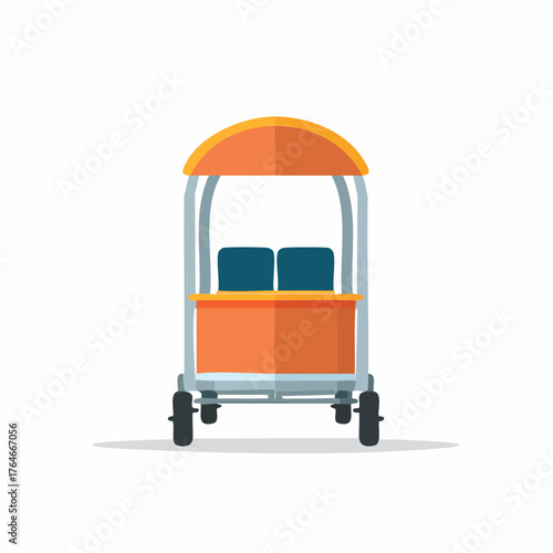 Orange and Blue Food Cart with Awning and Seats on Wheels Flat Design