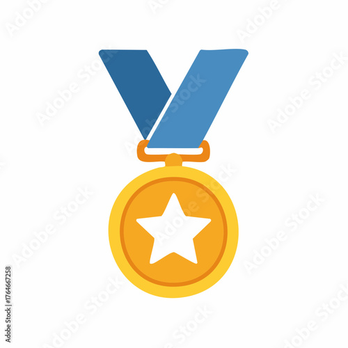 Gold medal with a star and blue ribbon, award, winning, success, achievement, and prize