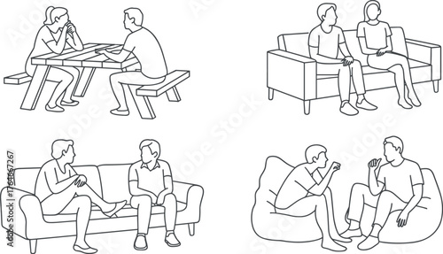 People conversation illustration set, casual discussion drawings, sitting talking gestures, communication posture reference, social interaction clipart design collection