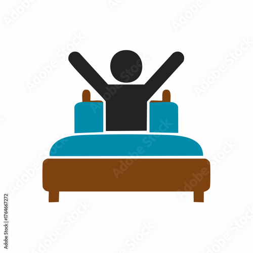 Flat design icon of a person happily stretching or waking up in a comfortable bed