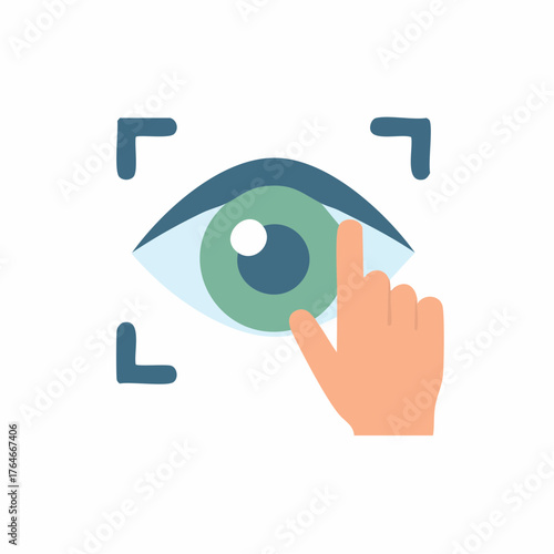 Eye with hand pointing at it, surrounded by squares, representing biometric identification
