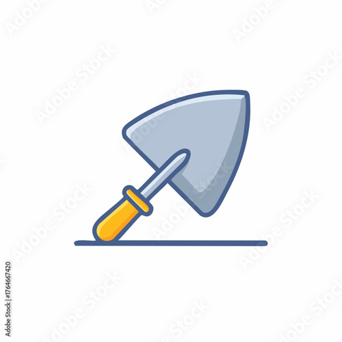 Trowel hand tool icon for construction and gardening, illustration, gray blade, yellow handle and cartoon style, outline