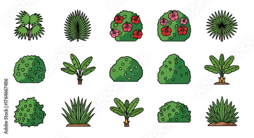 Fifteen stylized green shrubs and trees with black outlines on a white background