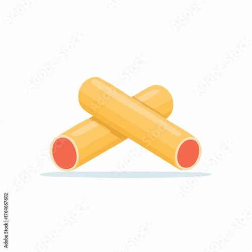 Two cylindrical pasta tubes with red filling crossed on a white background