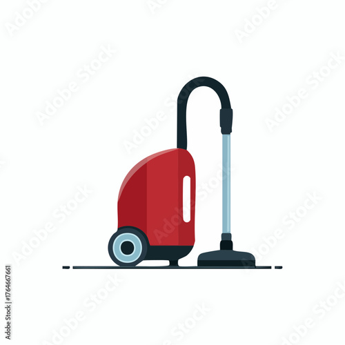Modern red vacuum cleaner appliance with hose and nozzle illustration